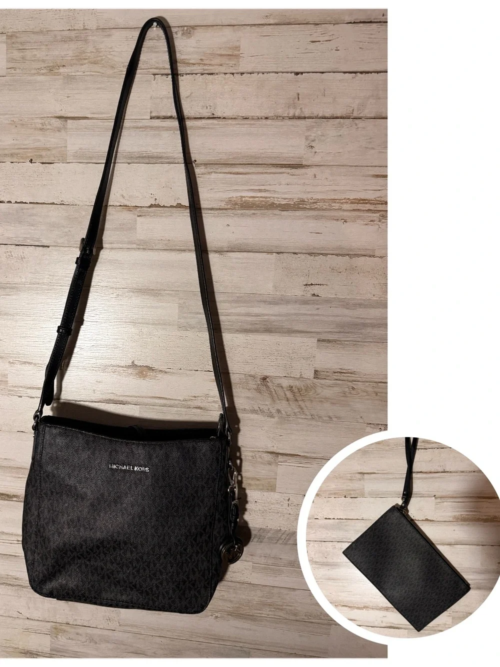 Michael Kors Black Signature Monogram Crossbody with Matching Pouch